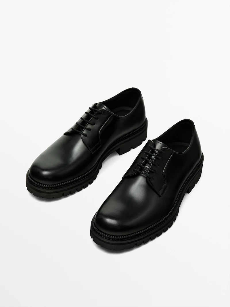 BLACK LEATHER TRACK SOLE SHOES