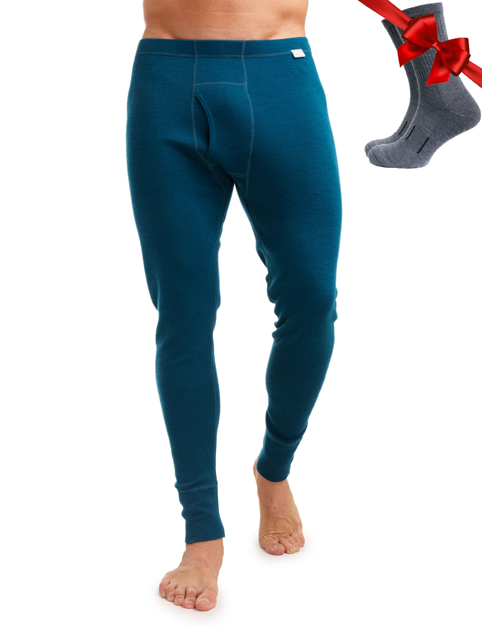 250 Deep Teal Merino Wool Base Layer Mens Bottom Pants 100% Merino Wool Midweight Thermal Underwear Long Johns + Wool Socks