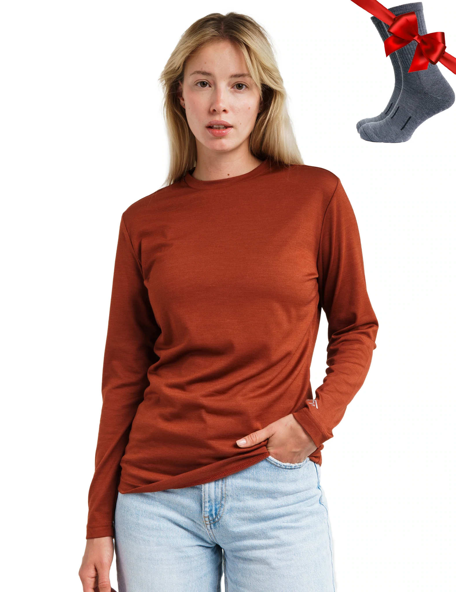 165 Spicy Orange Merino Wool Base Layer Women 100% Merino Wool Lightweight Long Sleeve Thermal Shirts + Wool Socks