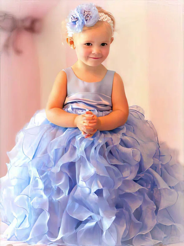 Ball Gown Light Sky Blue Organza with Sashes / Ribbons and Flower(s) Scoop Neck Flower Girl Dress