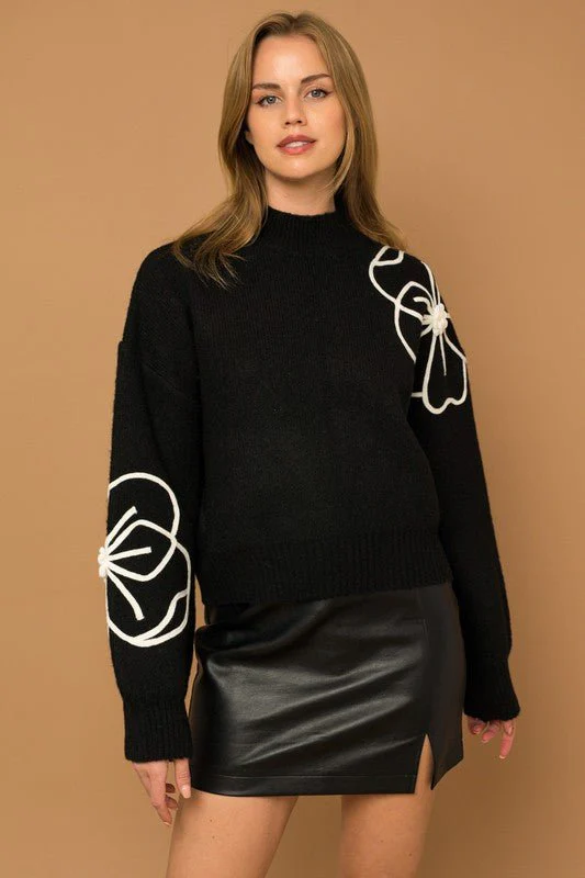 Flower Embroidered Mock Neck Sweater