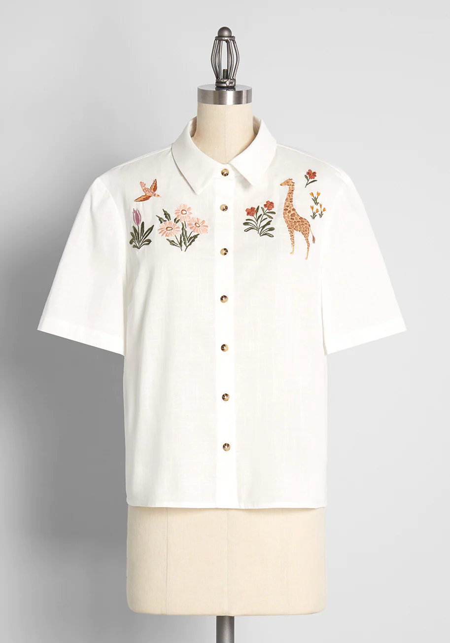 Giraffes in the Garden Embroidered Button-Up Blouse