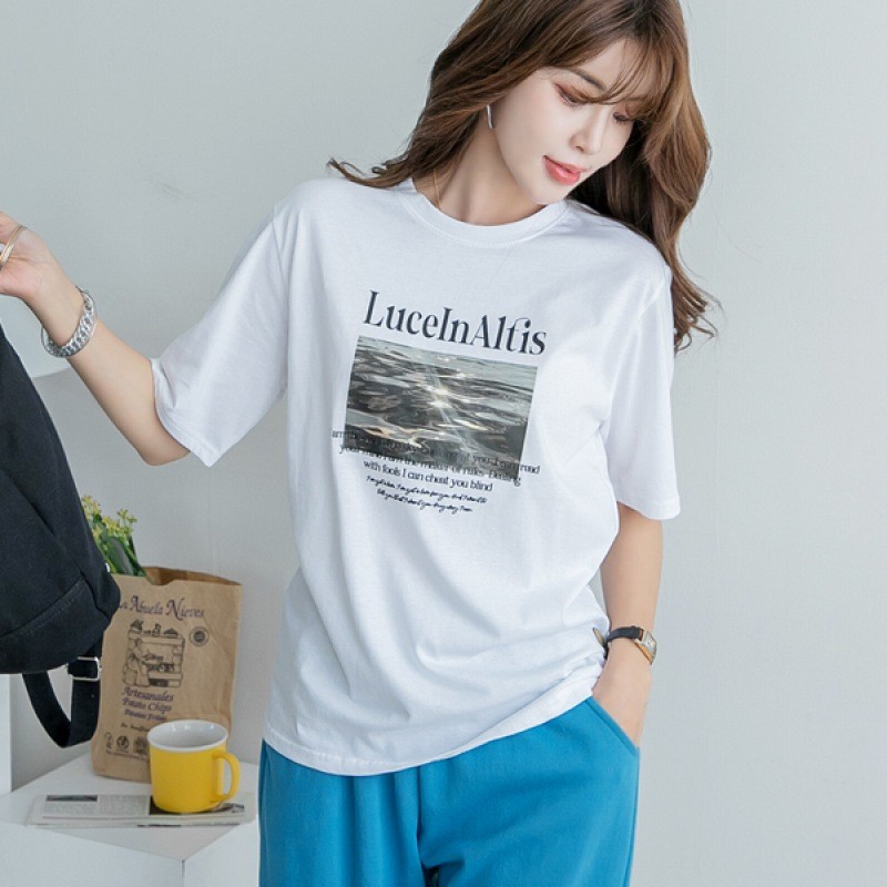 Refreshing and dazzling wave loose fit printed short-sleeved T-shirt