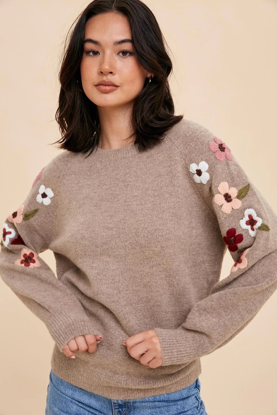 Beige Knit Floral Maternity Sweater