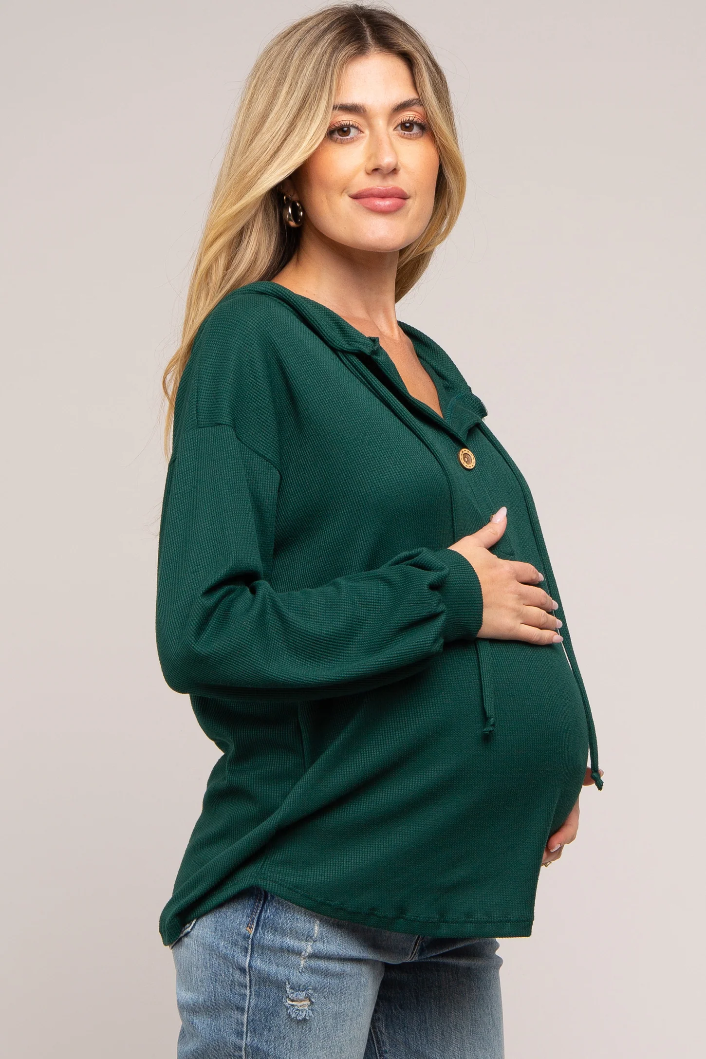 Forest Green Button Accent Hooded Maternity Henley Top