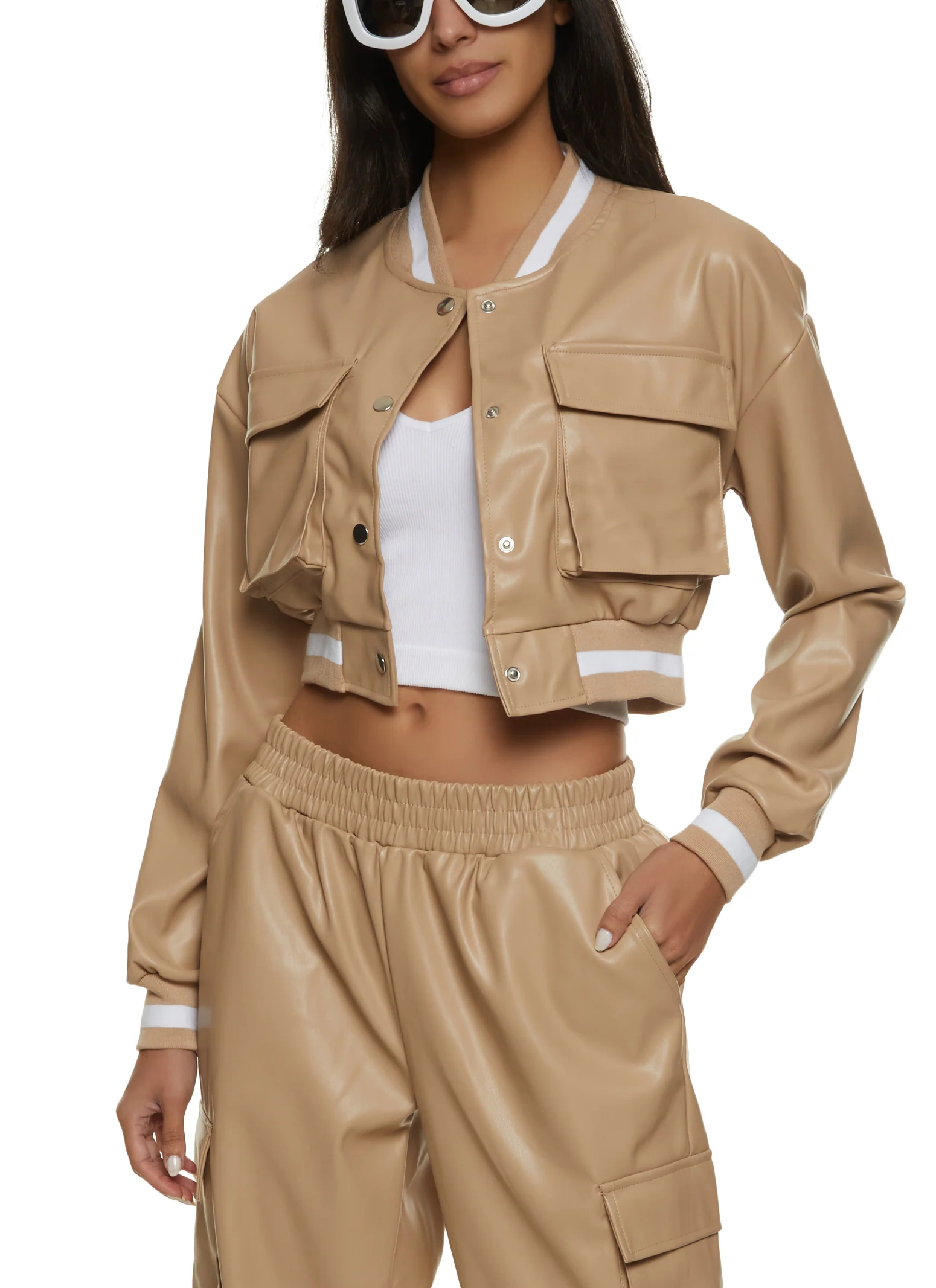 Faux Leather Pocket Detail Bomber Jacket - Taupe
