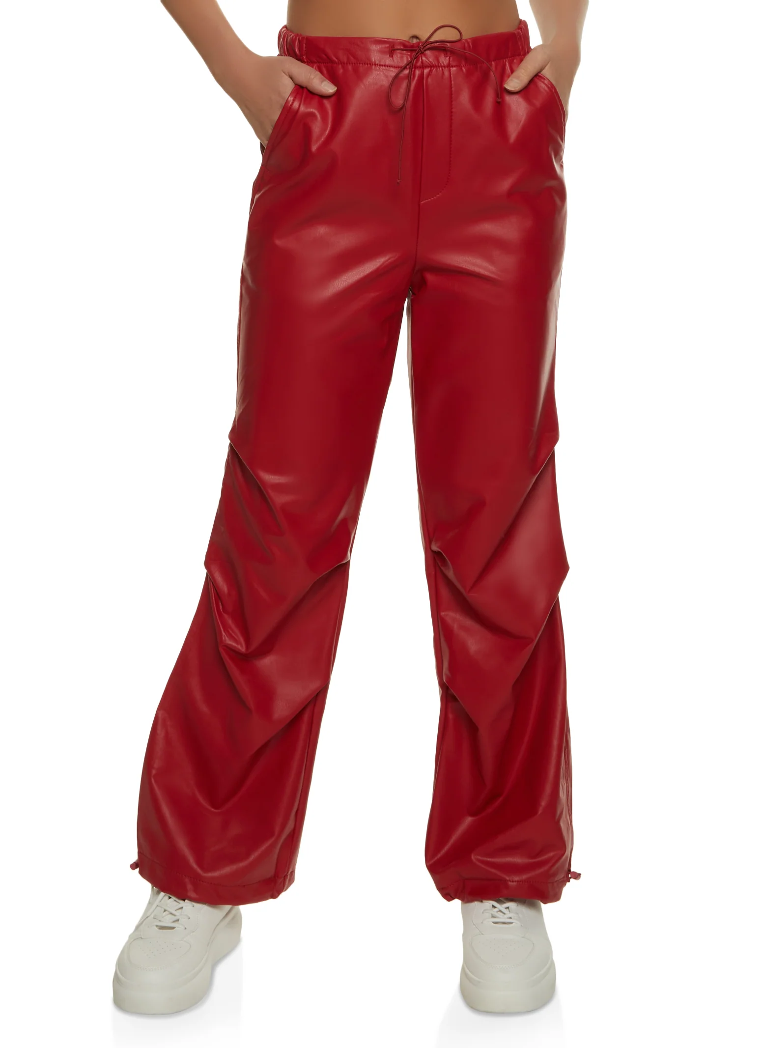Faux Leather Drawstring Pants - Red