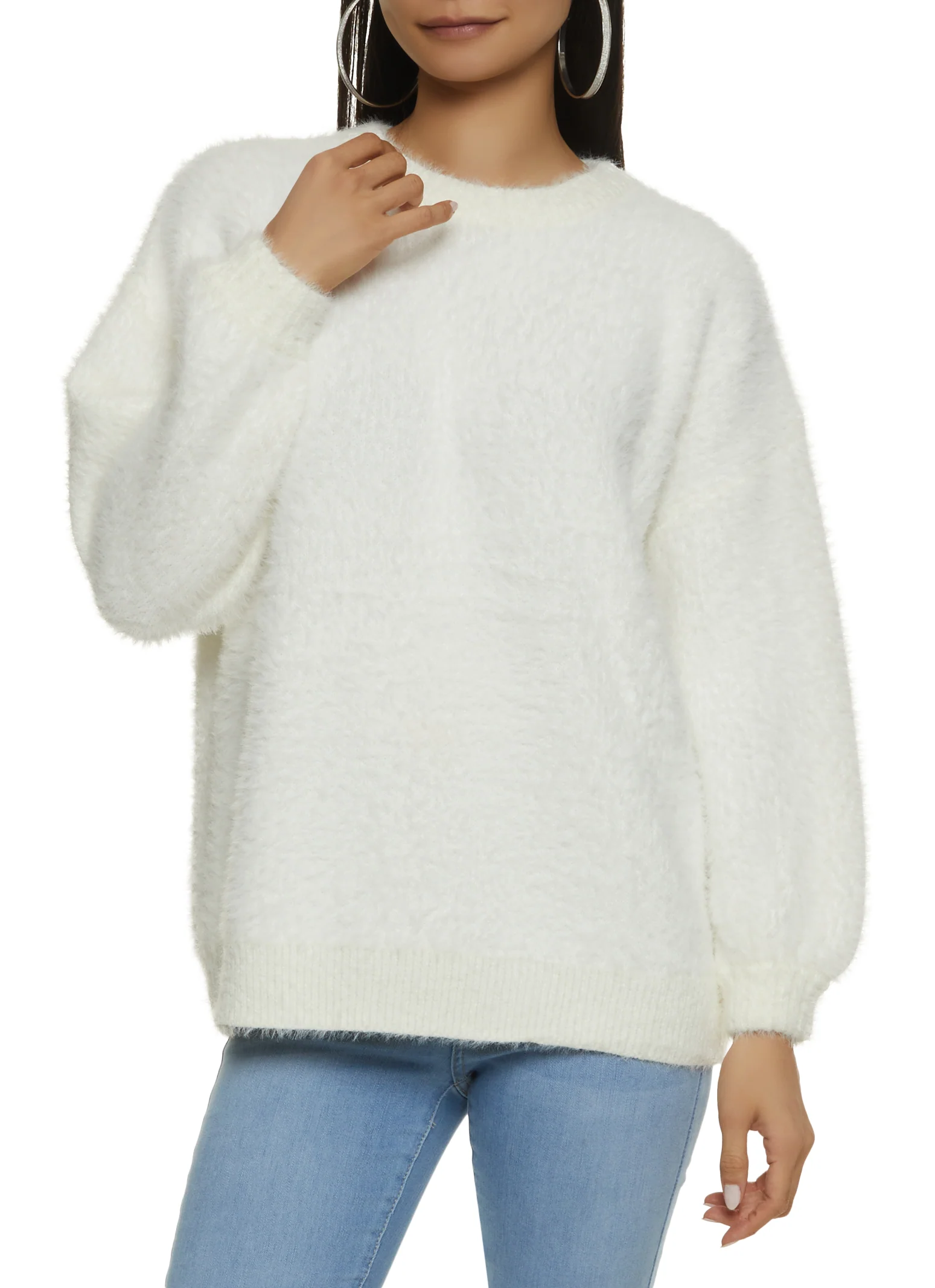 Eyelash Knit Crew Neck Pullover Sweater - White