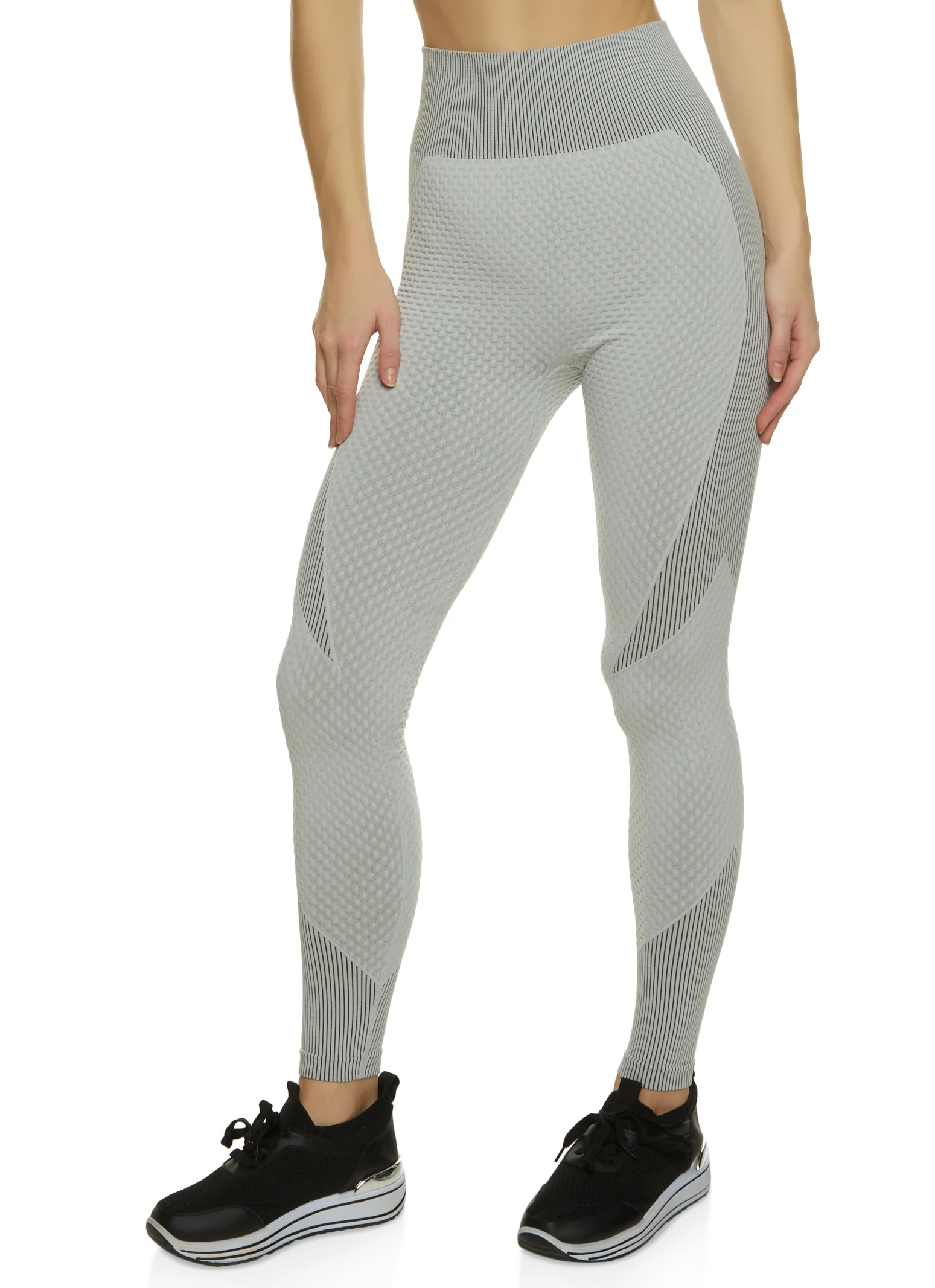 Textured Knit Color Block Active Leggings - Gray