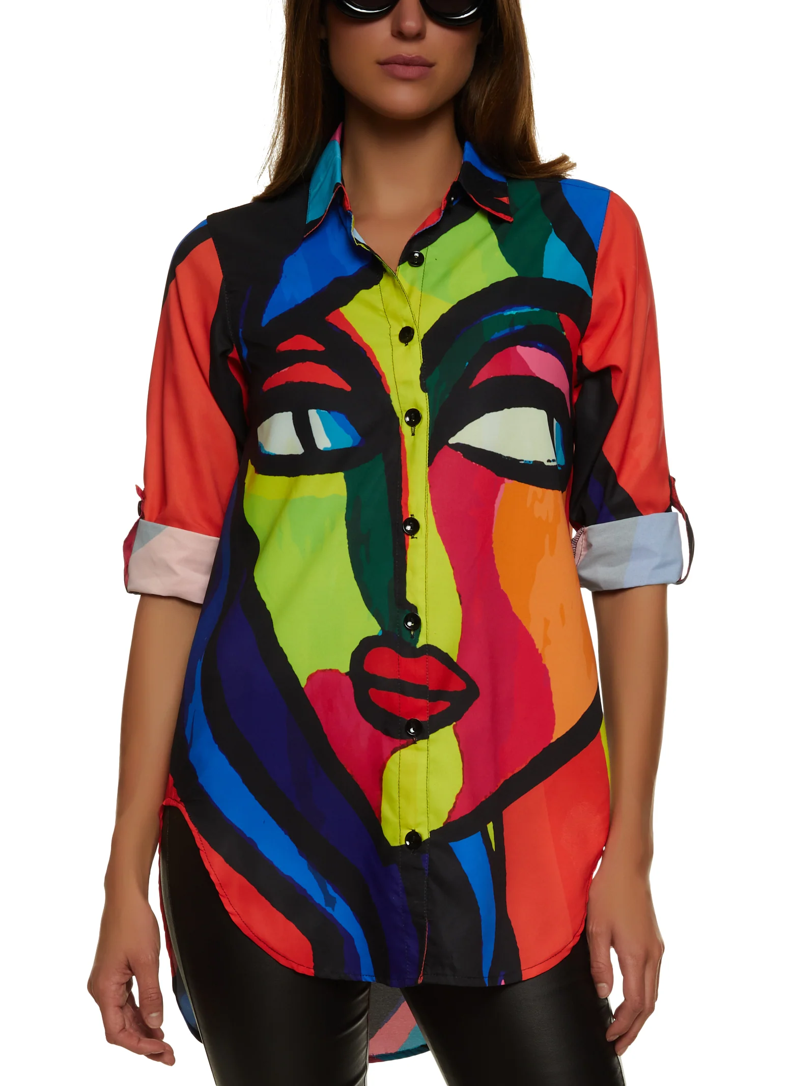 Color Blocked Face Print Tunic Shirt - Multi Color