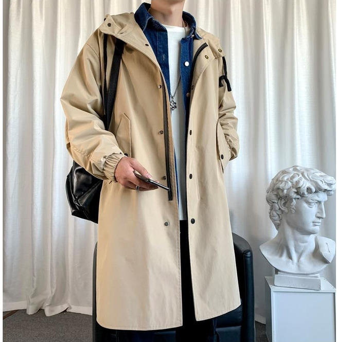 Zip-Up Solid Color Long Hooded Coat