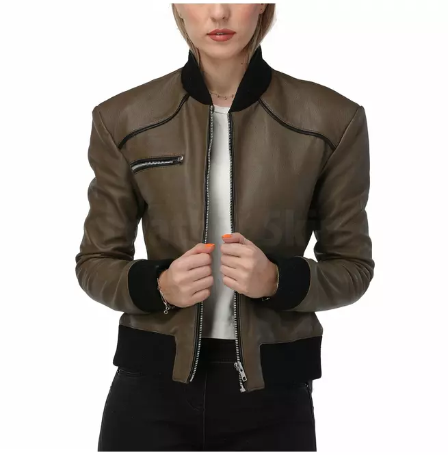 Punk Women's Green Leather Stand Collar Jacket