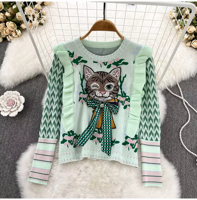 Kidcore Long Sleeve Cat Embroidery Pullover Sweater