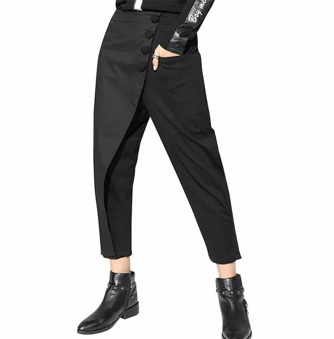 Gothic Black Button Pocket High Waist Loose Fit Ankle Length Pants