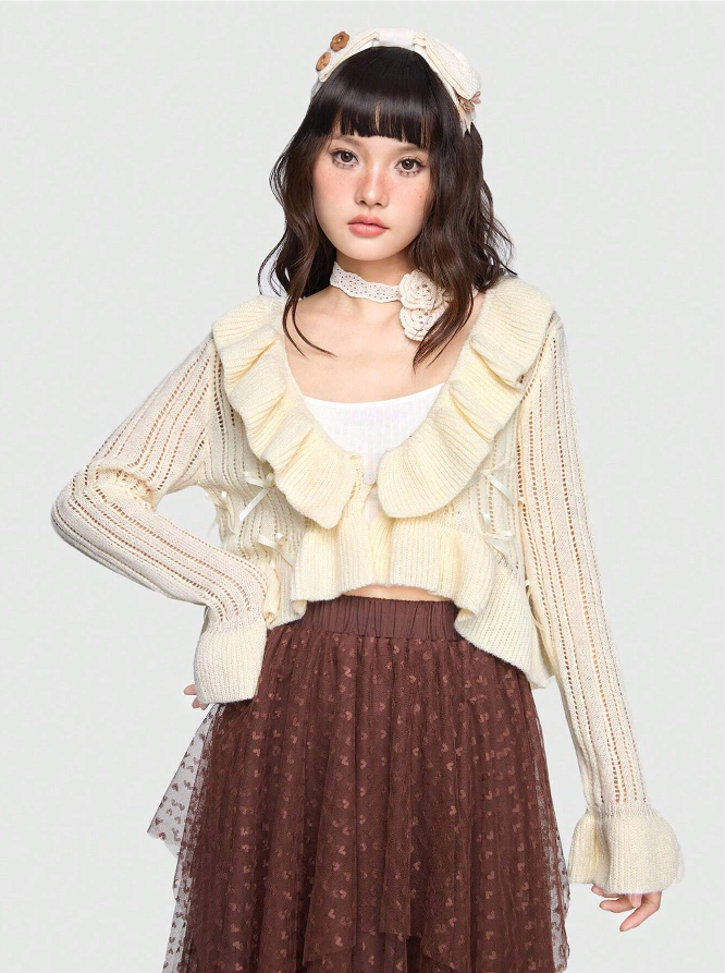 J-Fashion Solid Color Ruffle Trim Cardigan With Bow Decoration