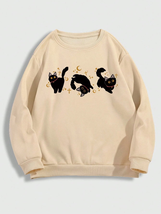 Women'S Gothic Cat Print Round Neck Sweatshirt