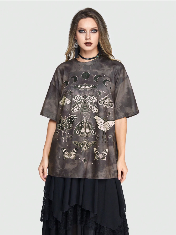 Goth Boho Dark Gothic Style Insect, Butterfly, Moon, Star Printed Casual Loose Tie-Dye T-Shirt