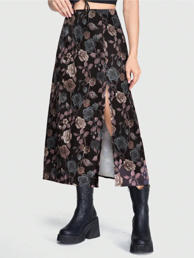 Goth Boho Style Floral Printed Skirt With Slit Design