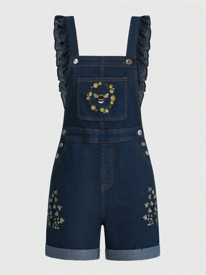 Fairycore Women'S Bee & Plant Embroidery Denim Short Overalls With Ruffle Hem