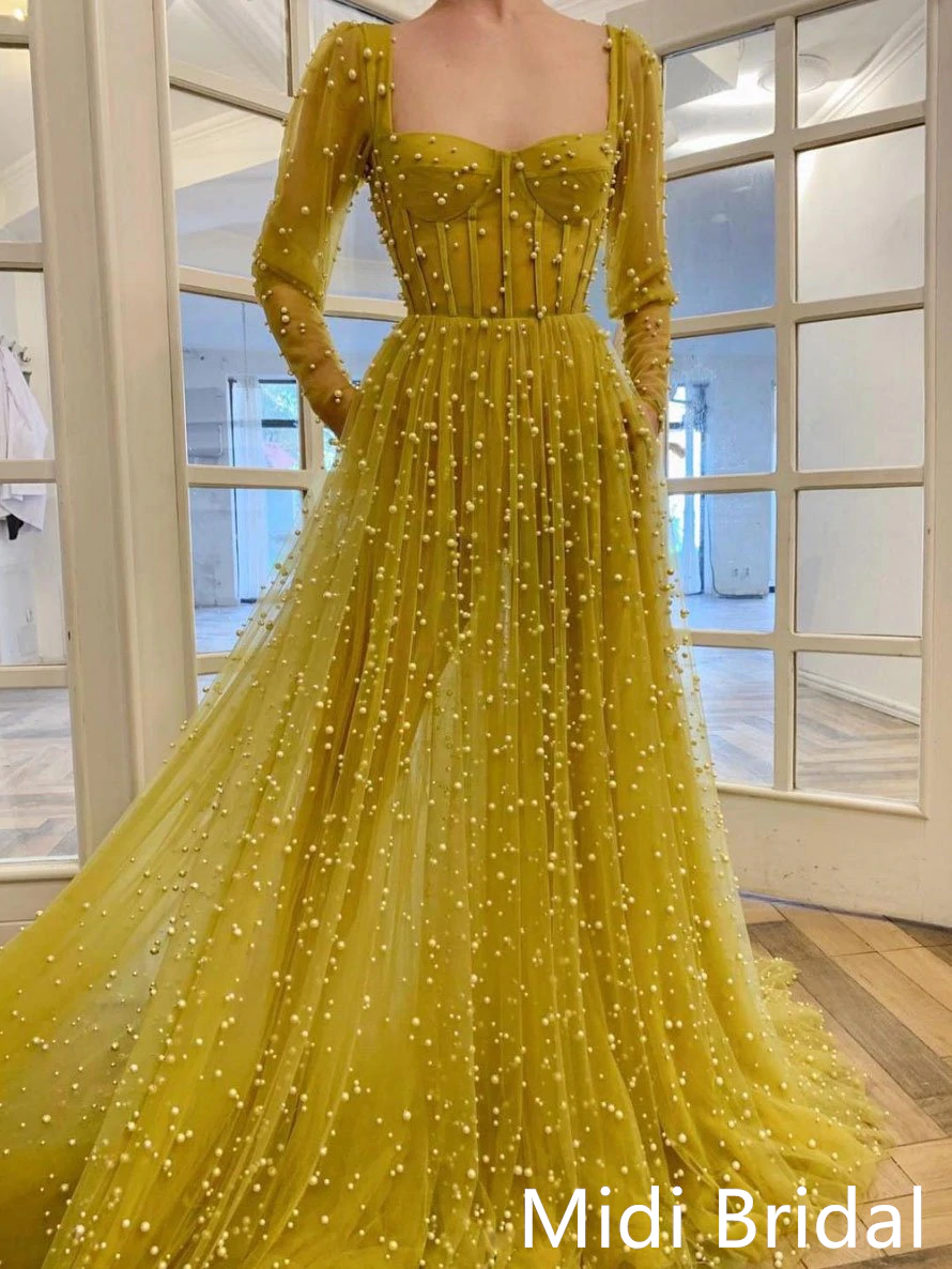 Yellow sweetheart tulle beads long prom dress, yellow evening dress