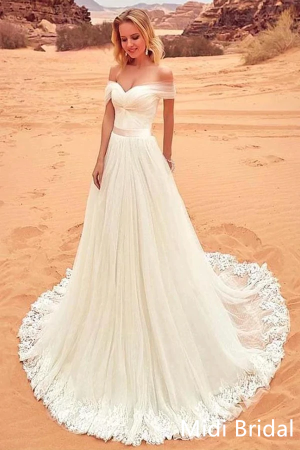 Charming Off The Shoulder Tulle Long Beach Wedding Dress,White Women Bridal Gown for Sale