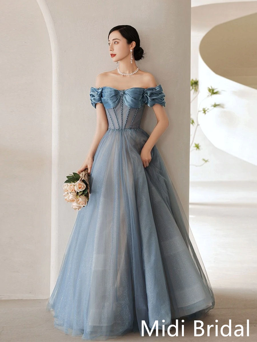 Blue off shoulder satin long prom dress, blue satin bridesmaid dress