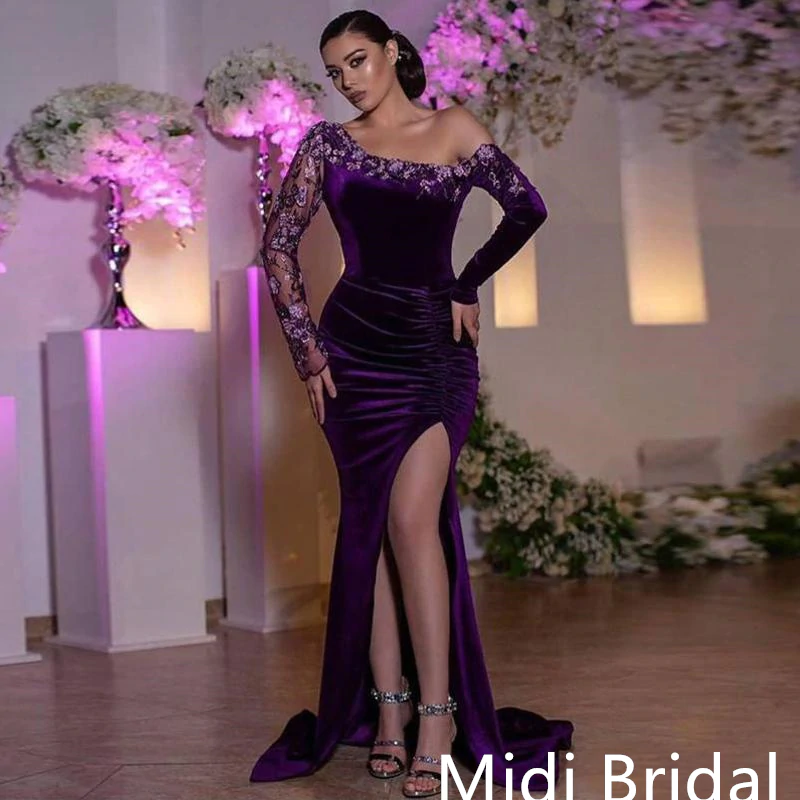 Violet Purple Elegant Velvet One-shoulder Lace Side-slit Mermaid Long Bridesmaid Dress
