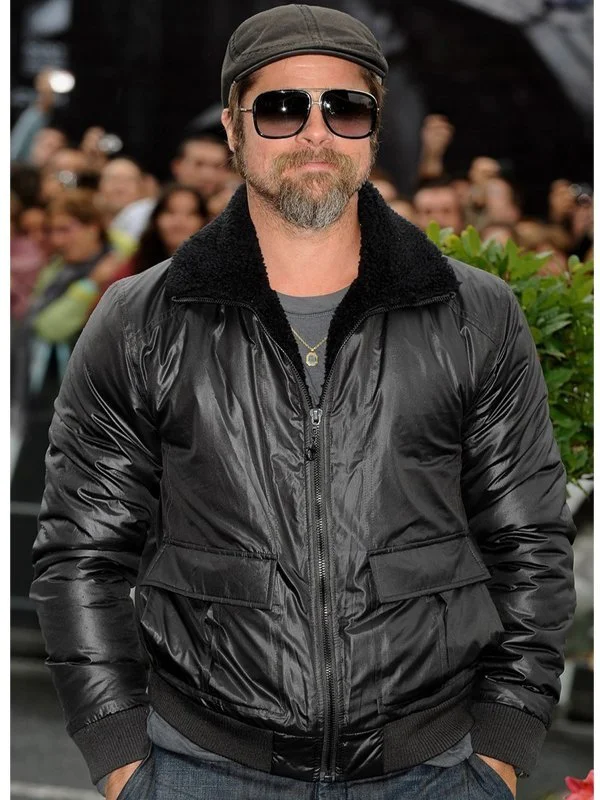 Brad Pitt Black Bomber Shearling Leather Jacket