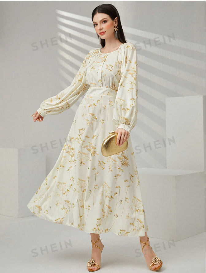 SHEIN Modely Women'S Arabian Lantern Sleeve Dress With Botanical Print
