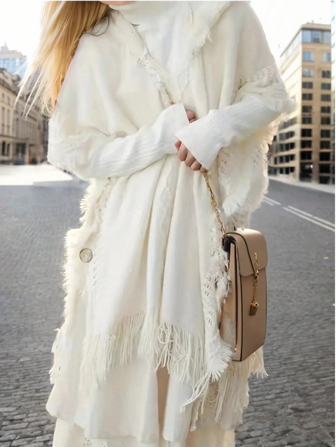 SHEIN Essnce 1pc Hooded Sweater With Fringe Detail Decorative Button Cape