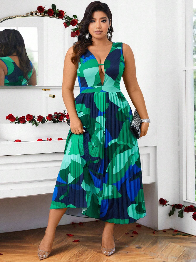 SHEIN Privé Plus Size Women'S Geometric Print Pleated Hem Sleeveless Dress