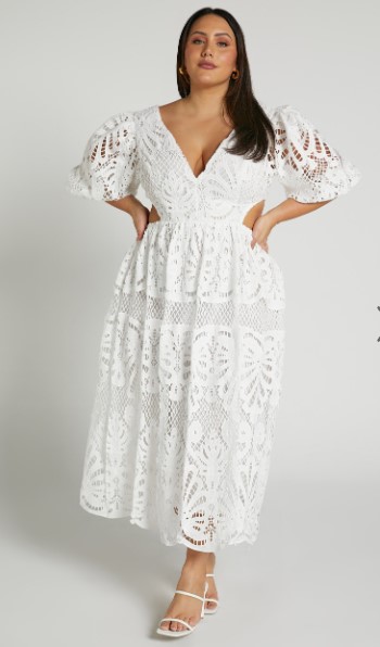 ANIESHAYA MIDAXI DRESS - V NECK CUT OUT LACE DRESS IN WHITE