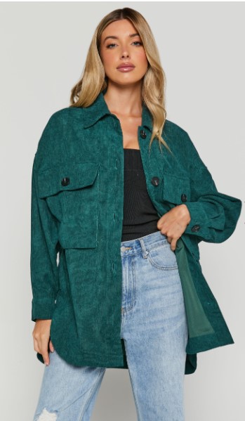 MALEAH SHACKET - OVERSIZED BUTTON UP CORD SHACKET IN FOREST GREEN