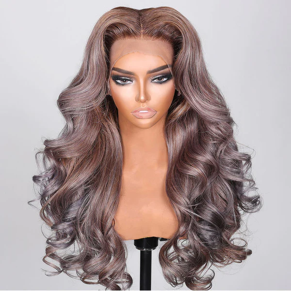 Sunber Punky Gray Princess Wigs With Multi Color Mixed Ashy Brownish Purple Highlight Hair Body Wave Lace Front Wig