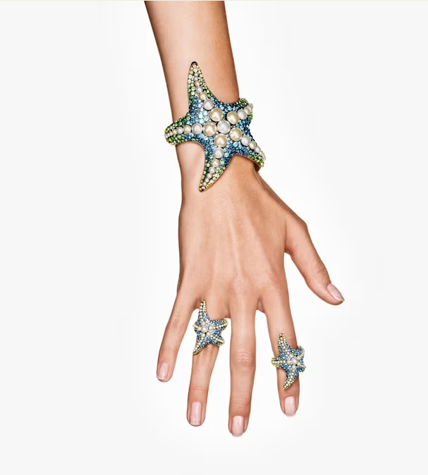 Idyllia cocktail ring Crystal pearls, Starfish, Multicolored, Gold-tone plated