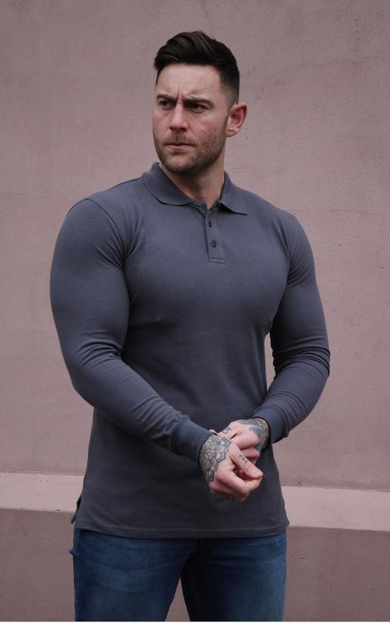 Long Sleeve Dark Grey Tapered Fit Polo Shirt