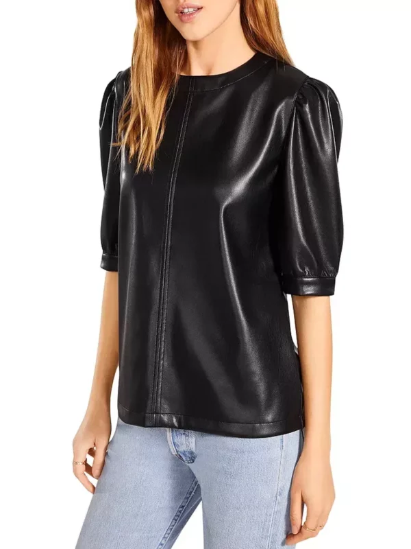Faux Leather Pleated Sleeve Top