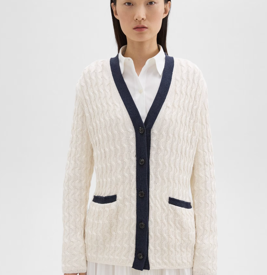 V-Neck Cardigan in Cable Knit Linen