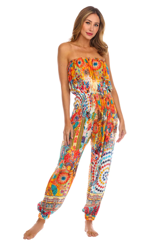 La Moda Kaleidoscope Print Boho Jumpsuit in Viscose Silk