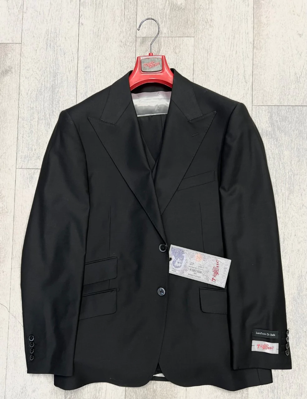 Tiglio Rosso Marbella Solid Black Wide Leg Pure Wool Suit and Vest