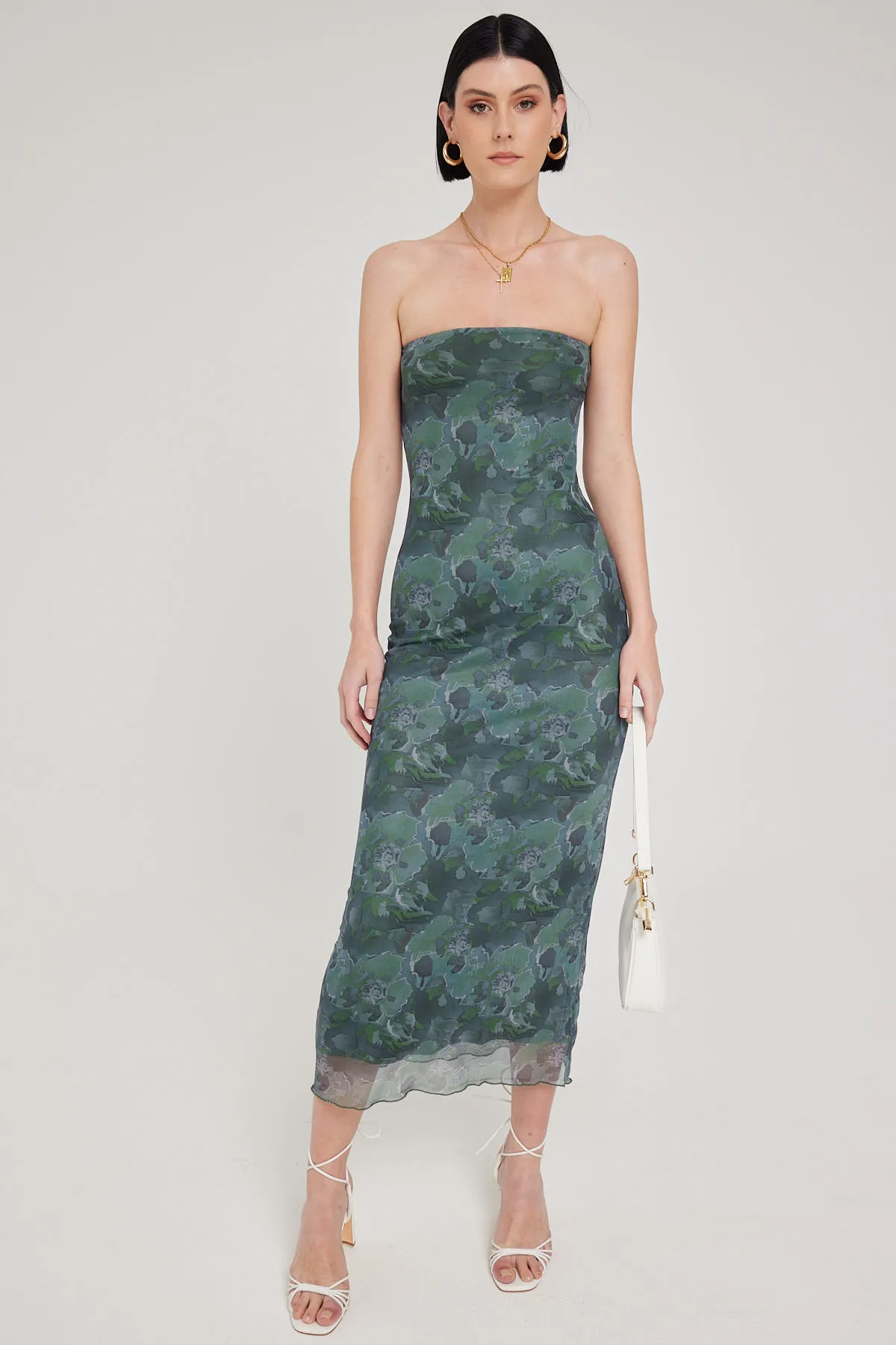 Magnolia Blur Recycle Strapless Midi Dress Green Print Perfect Stranger