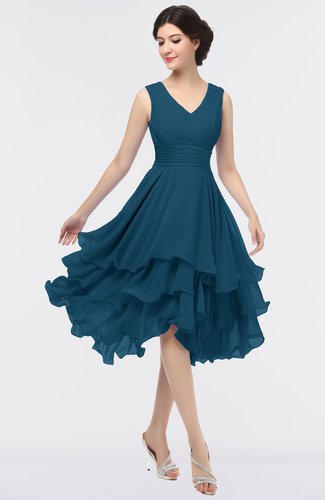 Moroccan Blue Elegant V-neck Zip up Knee Length Ruching Graduation Dresses