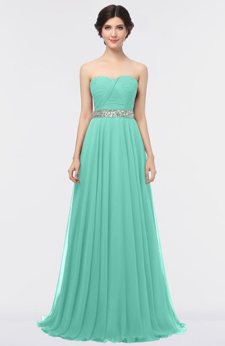 Mint Green Mature A-line Sleeveless Floor Length Ruching Prom Dresses