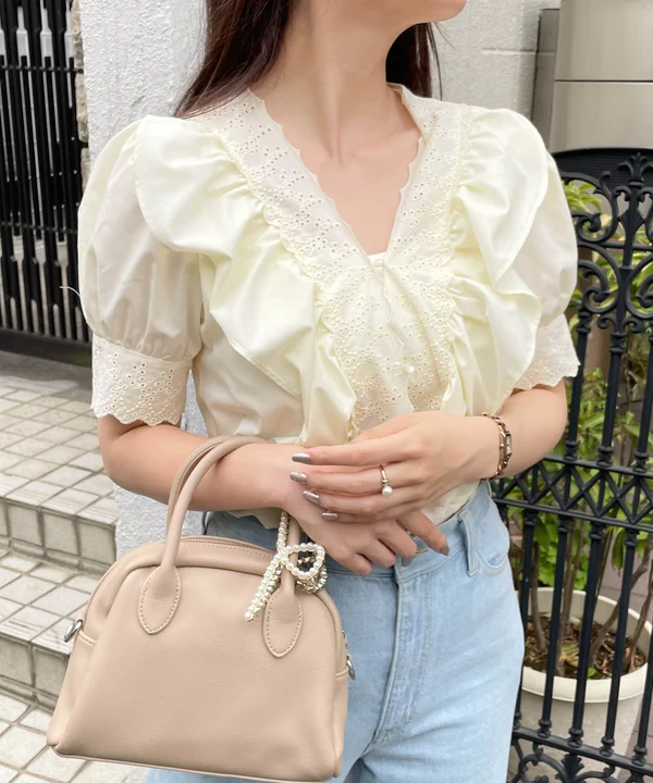 WEGO  Cotton lace frilled blouse