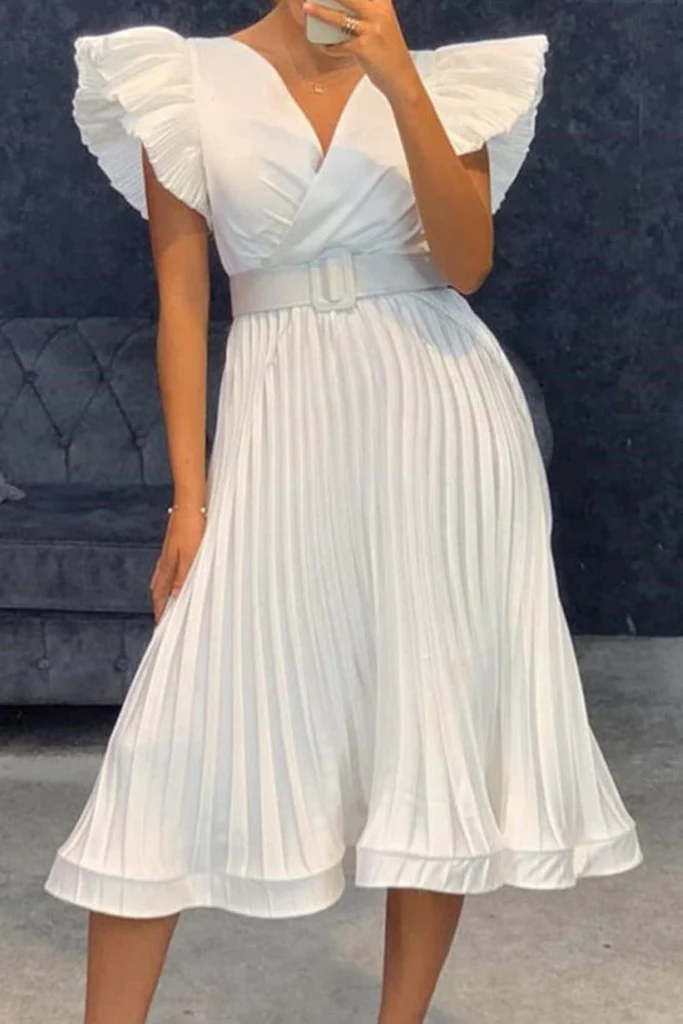 Plus Size V Neck Pleated Belted Dress