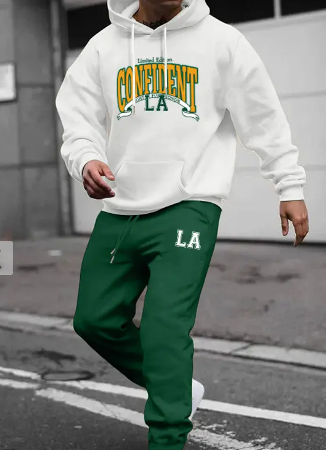 Men's Casual LA Letter Pattern Graphic Kangaroo Pocket Pullover Thermal Fleece-lined Hoodie And Drawstring Jogger Sweatpants Set - Green 2xl