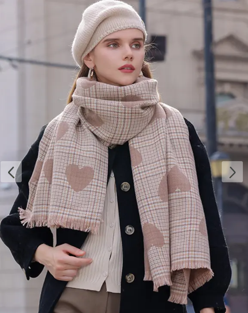 Women's Warmth Winter Plaid Heart Pattern Tassel Design Oversized Shawl Scarf - Coffee