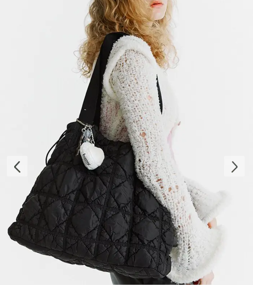 Women's Quilted Padded Design Textured Cloud Drawstring Bucket Shoulder Bag - Black